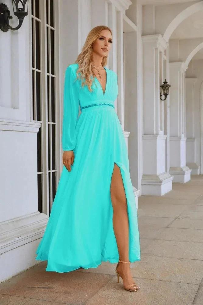 Ladies V Neck Chiffon Long Sleeve Front Slit Bridesmaid Evening Dress Wedding Party Shopping Evening Dress 28109 by numbersea
