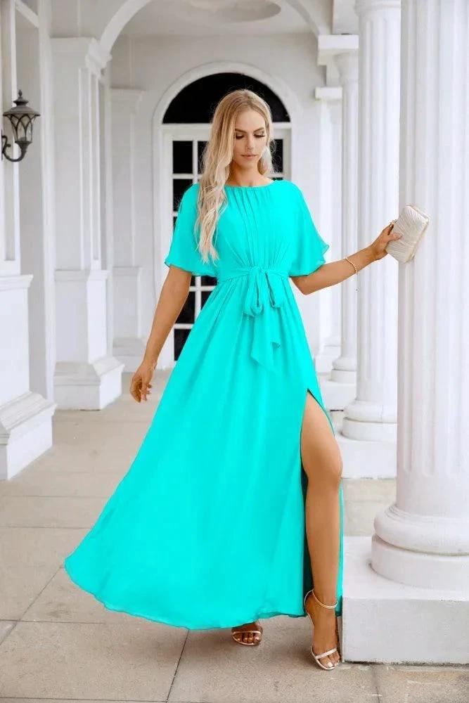 Ladies Chiffon Sleeve Crew Neck Front Slit Floor Length Bridesmaid Evening Dress Wedding Party Evening Dress 28124 by numbersea