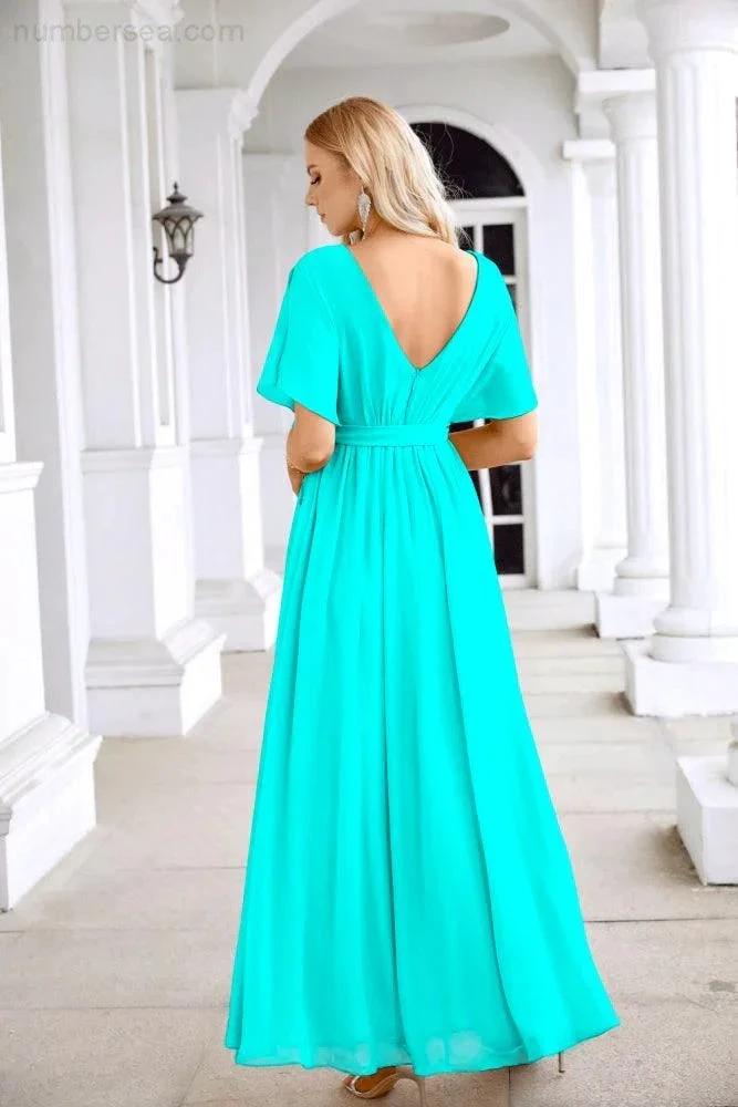 Ladies Chiffon Sleeve Crew Neck Front Slit Floor Length Bridesmaid Evening Dress Wedding Party Evening Dress 28124 (ZD17007)