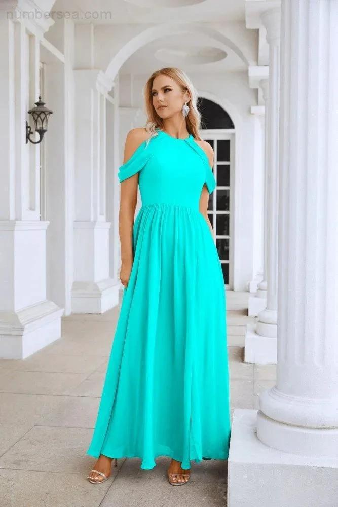 Ladies Chiffon Off Shoulder Swing Sleeve Front Slit Bridesmaid Evening Dress Wedding Party Evening Dress 28117 (ZD17011)