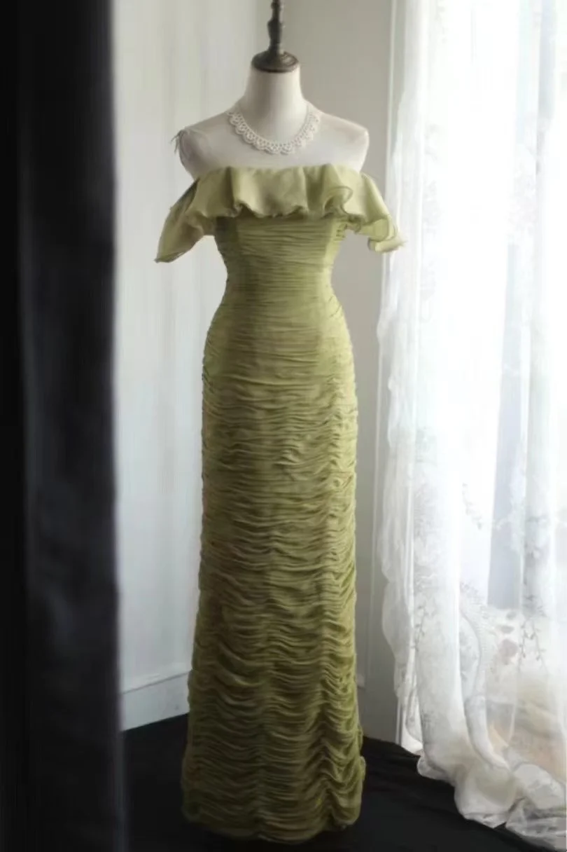 Ruffle Off-the-Shoulder Green Long Prom Dress Pleaded Evening Dress
