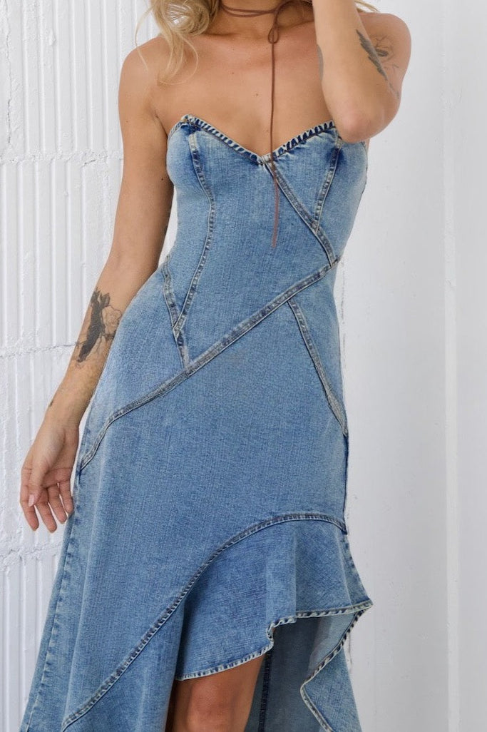 Strapless Bodycon Denim Dress - View 4 | VelvetHem
