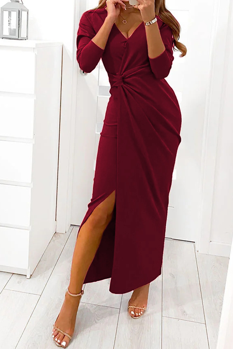 Elegant Solid Slit Fold V Neck Evening Dress Dresses(4 Colors) - VelvetHem