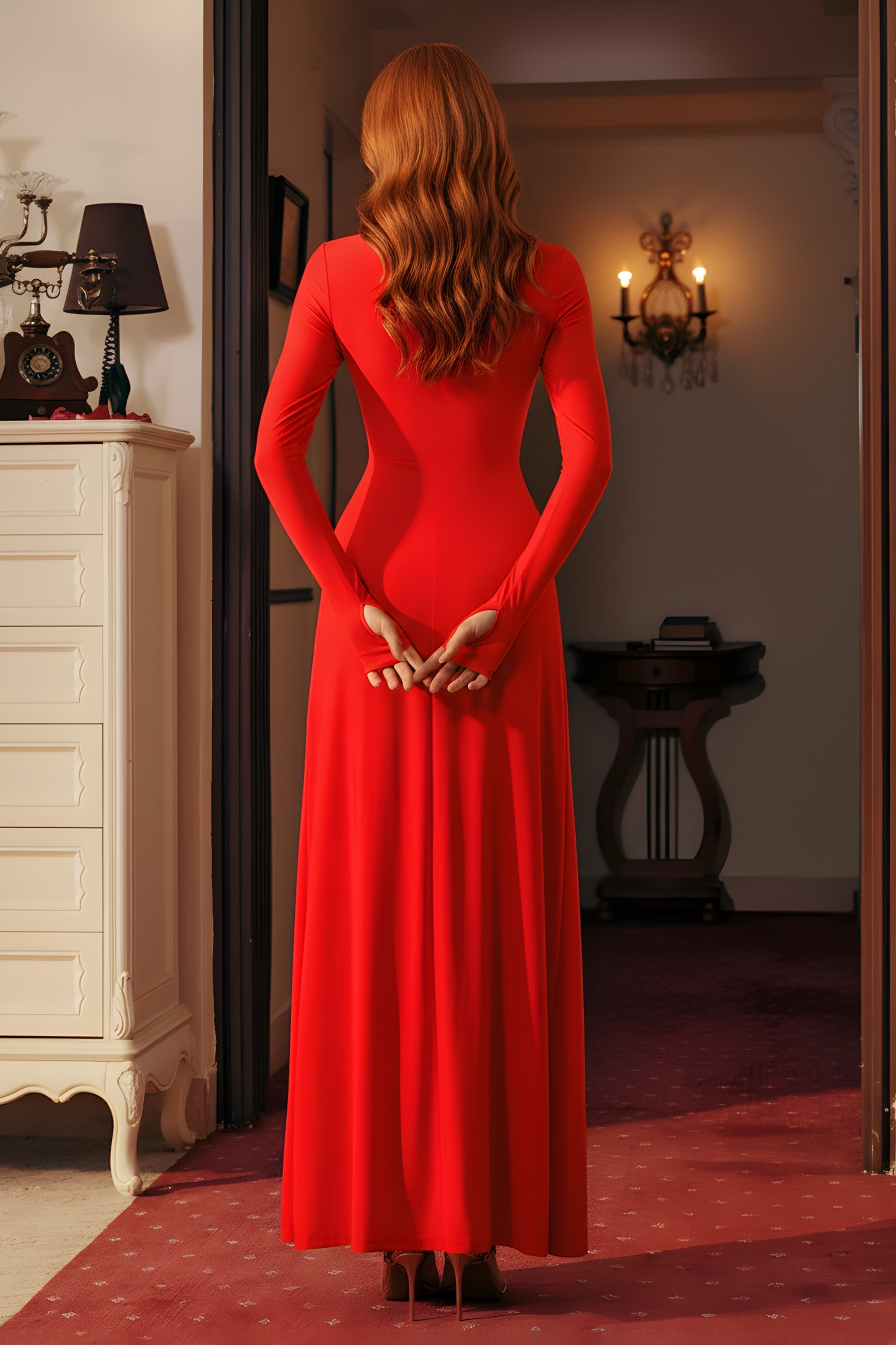 Sophisticated Ruched Center Long Sleeve Floor Length Maxi Dress