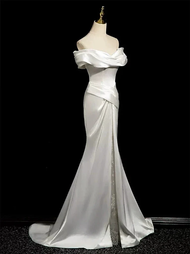 Simple Mermaid Off Shoulder Satin White Long Prom Evening Dress, Formal Wedding Dress (ZD13737)