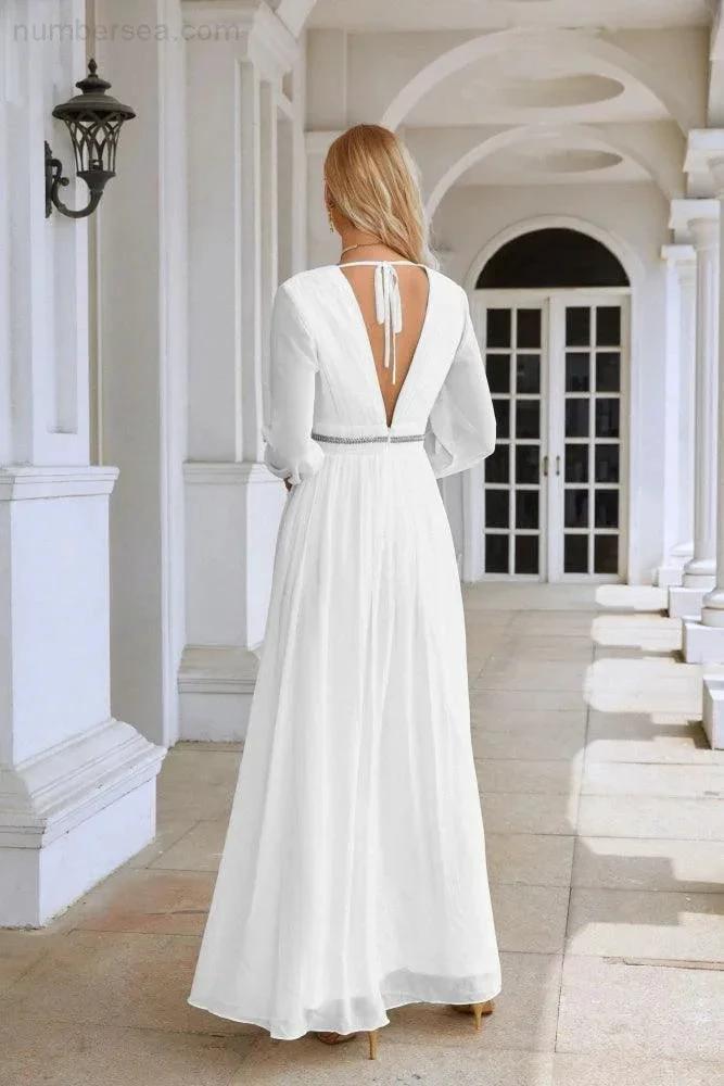 Ladies V Neck Chiffon Long Sleeve Front Slit Bridesmaid Evening Dress Wedding Party Shopping Evening Dress 28109 (ZD16991)