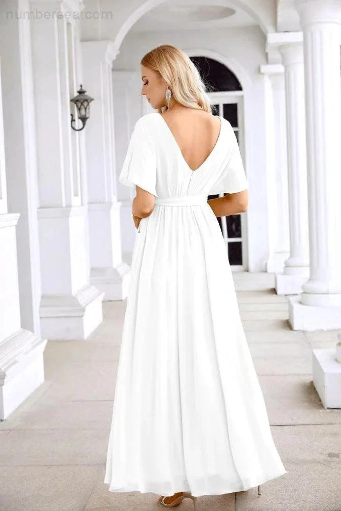 Ladies Chiffon Sleeve Crew Neck Front Slit Floor Length Bridesmaid Evening Dress Wedding Party Evening Dress 28124 (ZD17007)