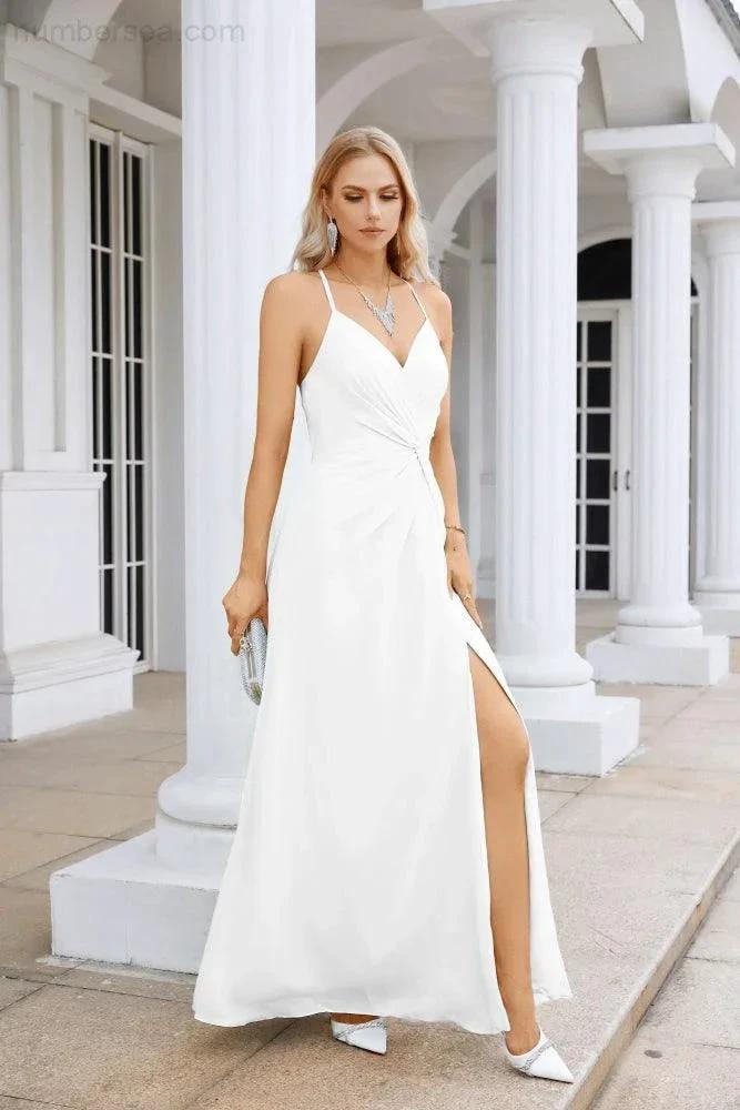 Ladies Chiffon Spaghetti Strap V Neck Front Slit Floor Length Bridesmaid Evening Dress Prom Party Wedding Evening Dress 28116 (ZD17012)
