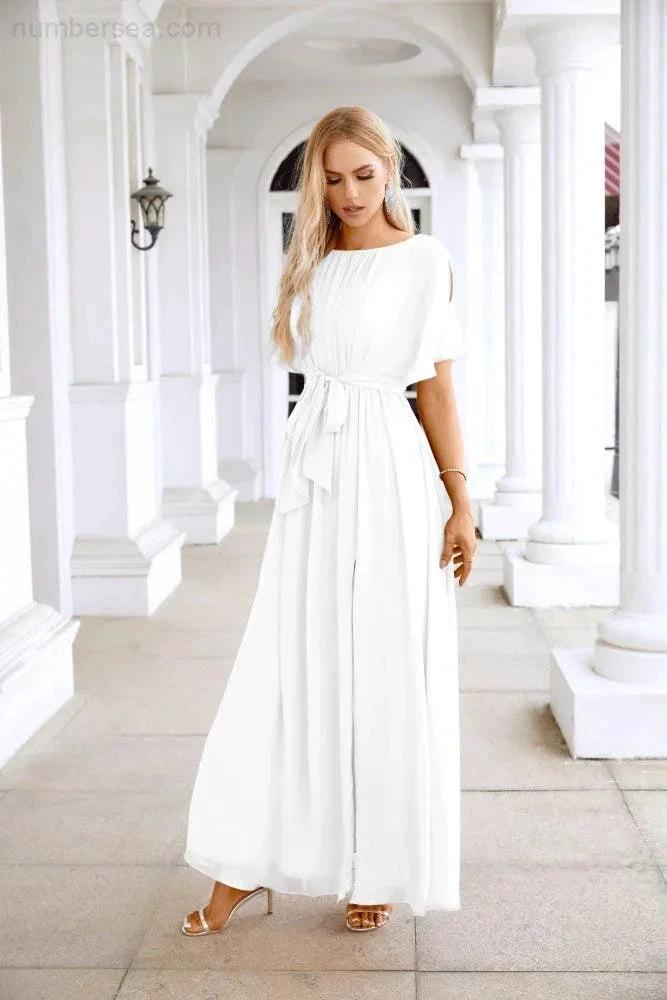 Ladies Chiffon Sleeve Crew Neck Front Slit Floor Length Bridesmaid Evening Dress Wedding Party Evening Dress 28124 (ZD17007)