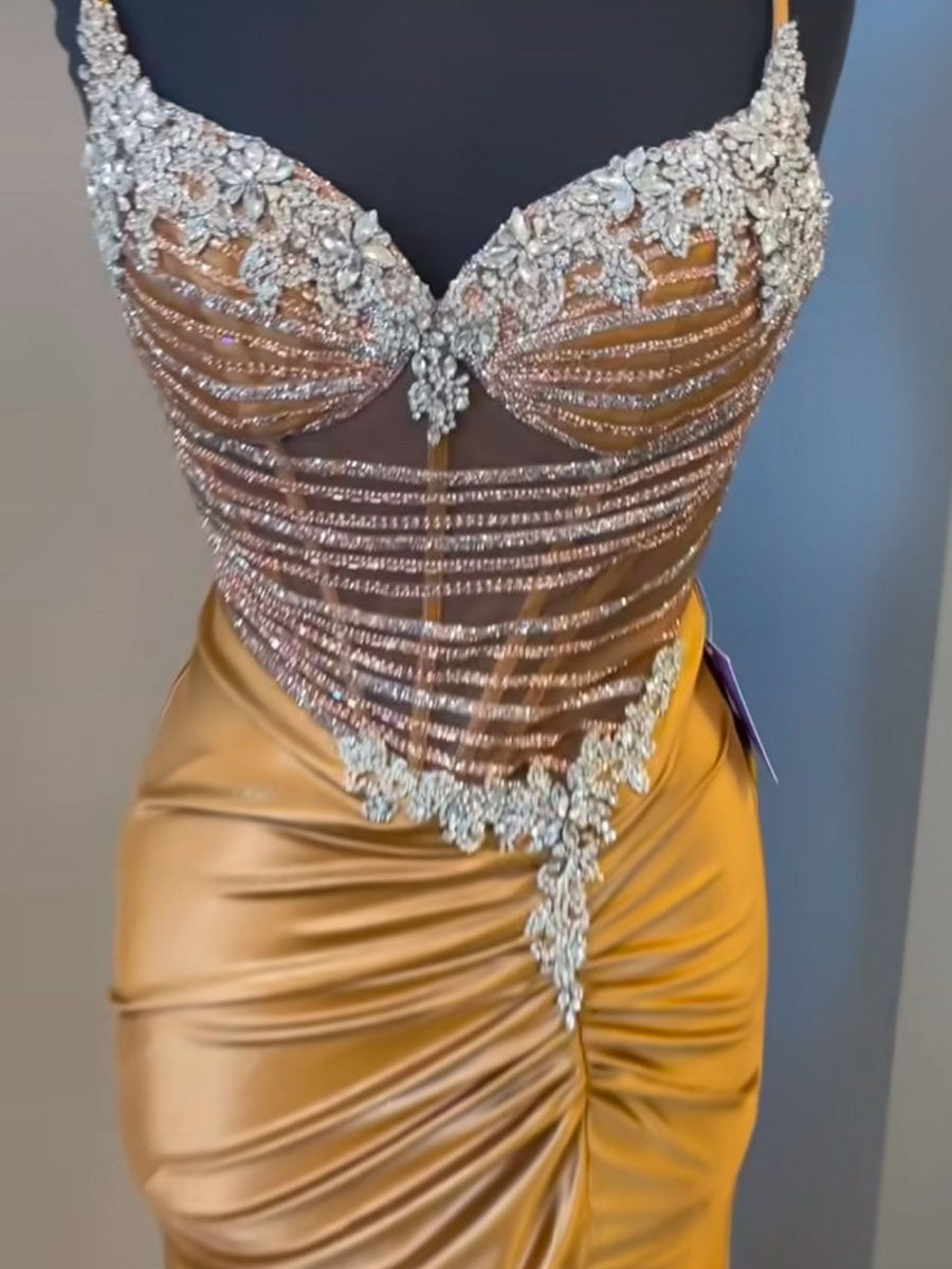 Gold Plunging V-Neck Cascading Crystal Satin Prom Dress with Slit