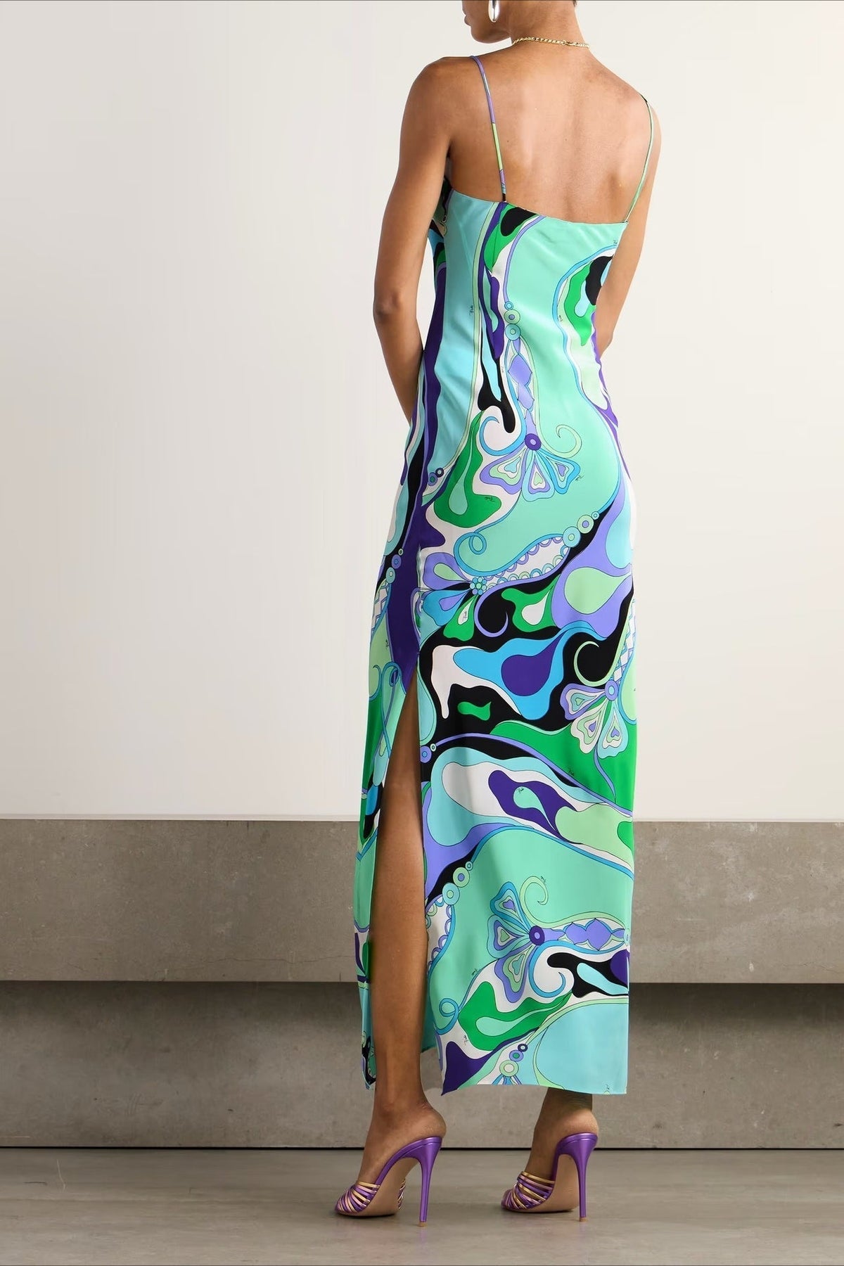 Printed Satin Cami Slit Silk Dress - View 9 | VelvetHem