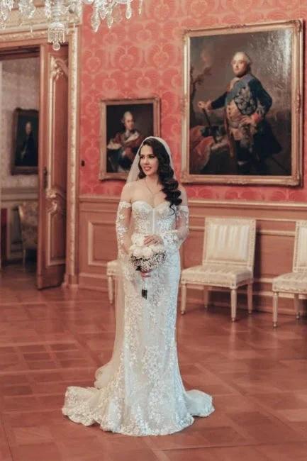 Exquisite Long Mermaid Off-the-shoulder Lace Wedding Dress with Long Sleeves (ZD15552)