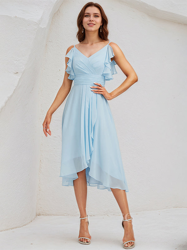 Sky Blue Chiffon A Line V Neck Sleeveless Asymmetrical Bridesmaid Dress