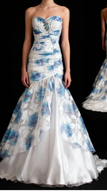 Elegant Sweetheart Neck Blue Tulle Print Floral Mermaid Long Prom Dresses Birthday Party Dress