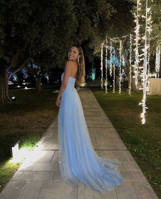 Sexy A Line Long Strapless Light Blue Slit Prom Dresses