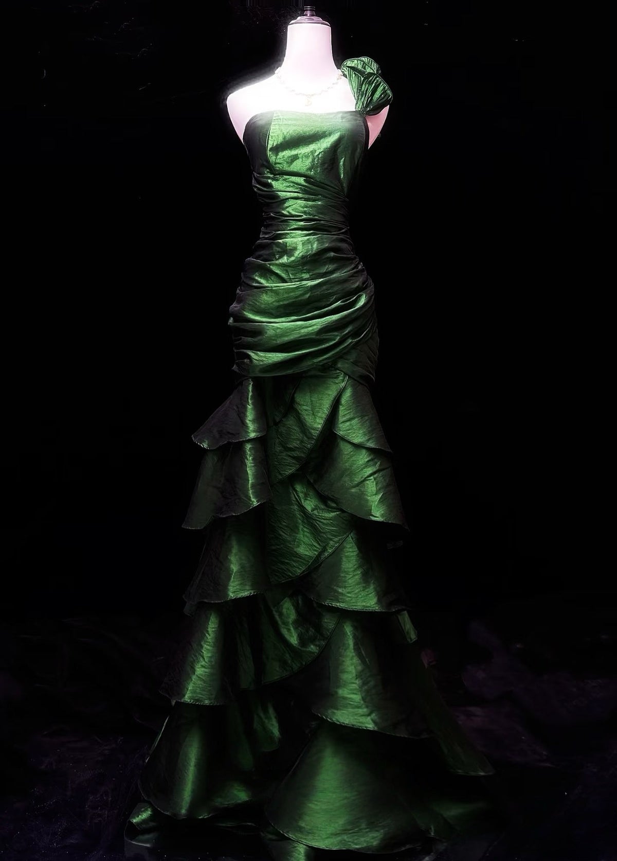 One-Shoulder Green Layered Long Prom Dress Satin Evening Dress