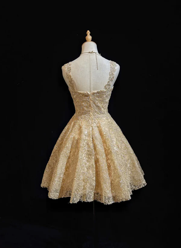 Gorgeous Sweetheart Neck Gold Lace Short Party Dress Formal 8th Grade Homecoming Dress Homecoming Outfits