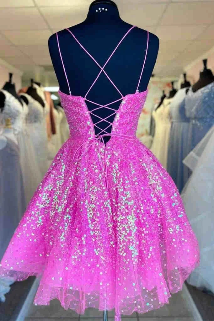 Cute Hot Pink Sequins A-Line Homecoming Dress (ZD12421)