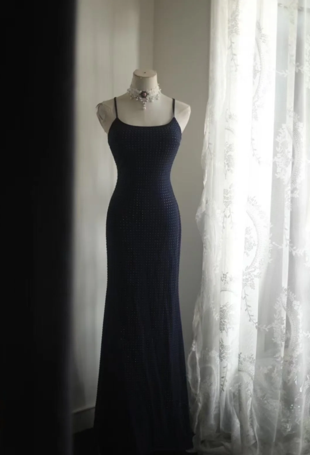 Classy Spaghetti Straps Navy Blue Beaded Mermaid Long Evening Dress Formal Wedding Guest Dress - FashionDia