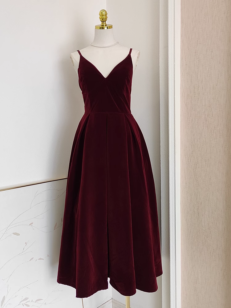 Simple A line Sleeveless Burgundy Velvet Party Dress Holiday Birthday Dresses For Women