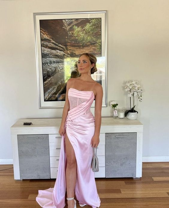 Chic Pink Strapless Prom Dress Glam Pink Evening Dress with Split Pageant Dress Y1986 - View 2 | VelvetHem