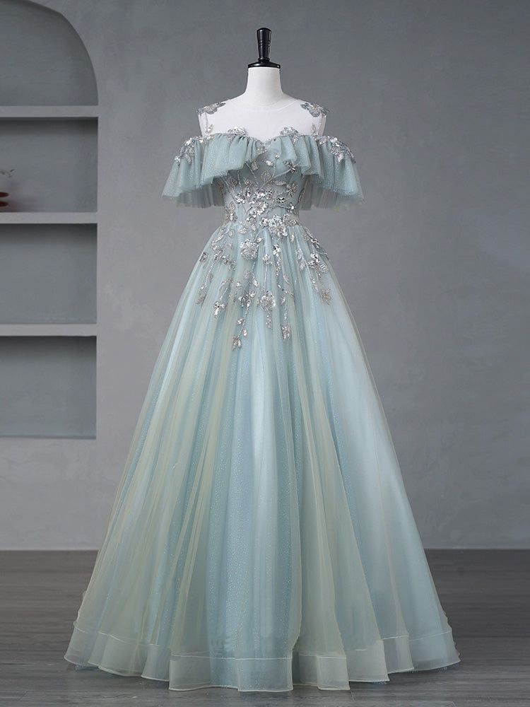 Elegant Off The Shoulder Tulle Appliques Prom Dress,Formal A Line Party Evening Gown