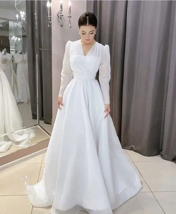 Modest White A-line Long Sleeves Wedding Dress,White Bridal Dress Y6719 by simplepromdress