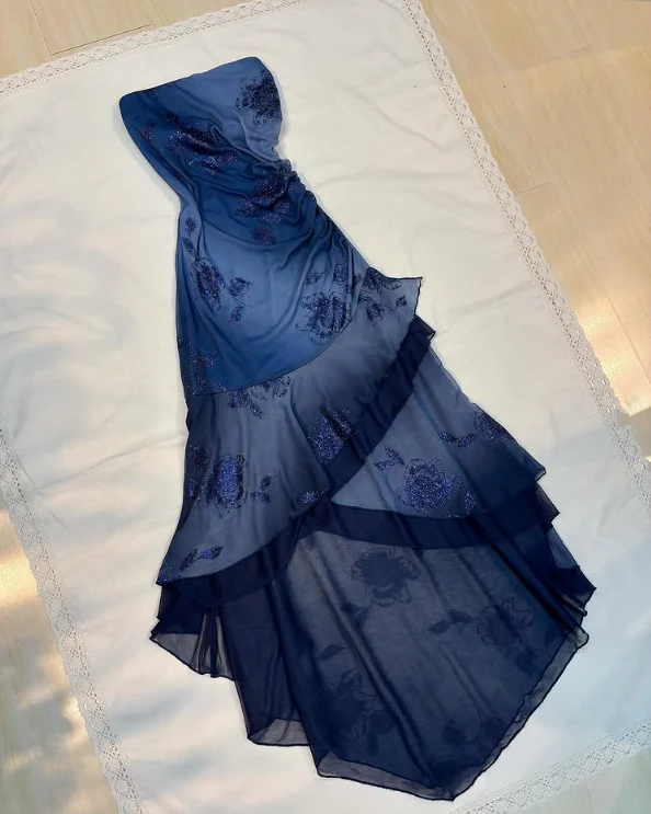 Charming Navy Blue Strapless Tiered Mermaid Evening Dress Prom Dress Y7811 - View 2 | VelvetHem