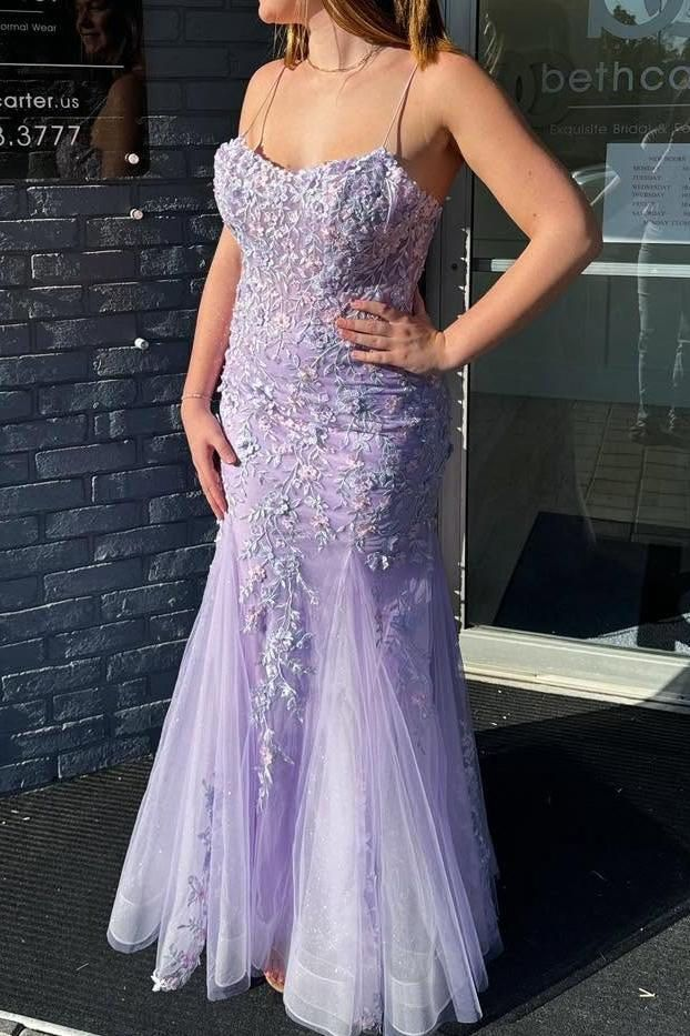 Lavender Tulle Lace Appliques Mermaid Prom Dress,Spaghetti Straps Evening Dress