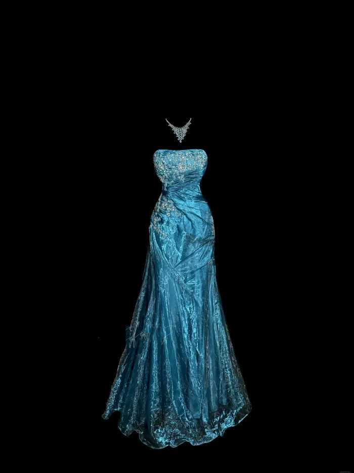 Charming Strapless Blue Tulle Sequin Beaded Mermaid Evening Dress Long Birthday Party Dress - FashionDia