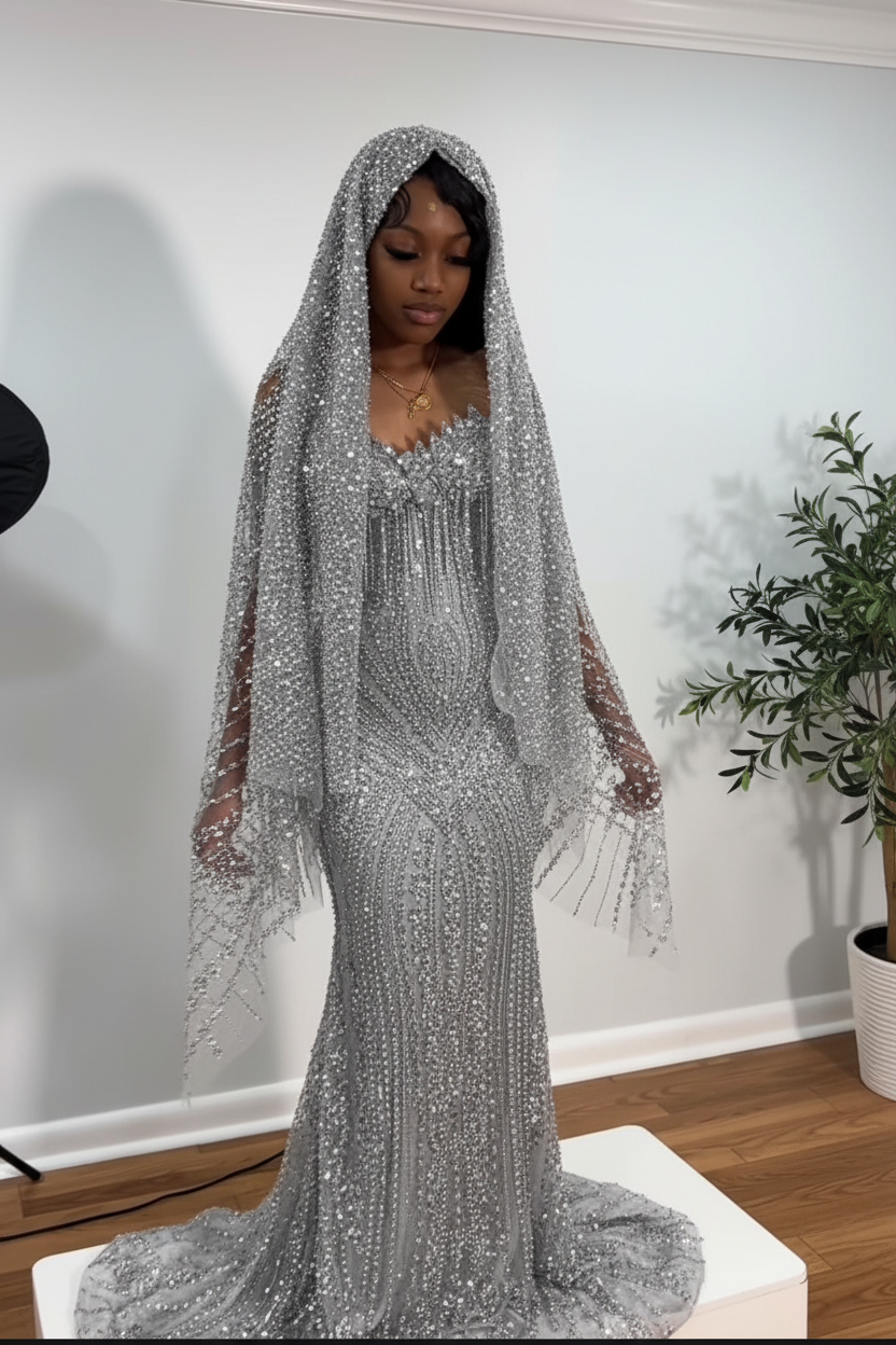 The Ruby Heiress - 2026 Hand-Beaded Crimson Mermaid Gown with Matching Crystal-Encrusted Hooded Veil (ZD17402)