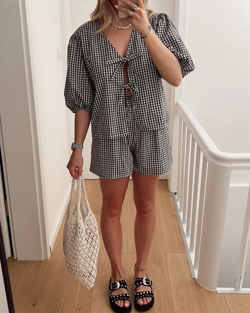 Women's lace-up plaid casual two-piece set - Fashionpara