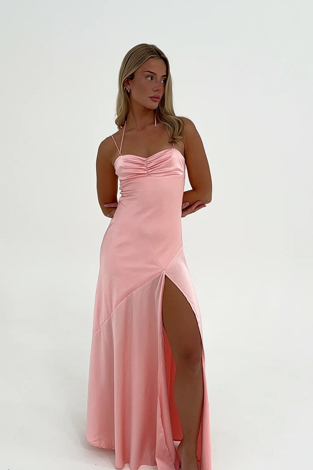 Simple Sheath Spaghetti Straps Pink Long Party Dress with Split Front - FashionDia