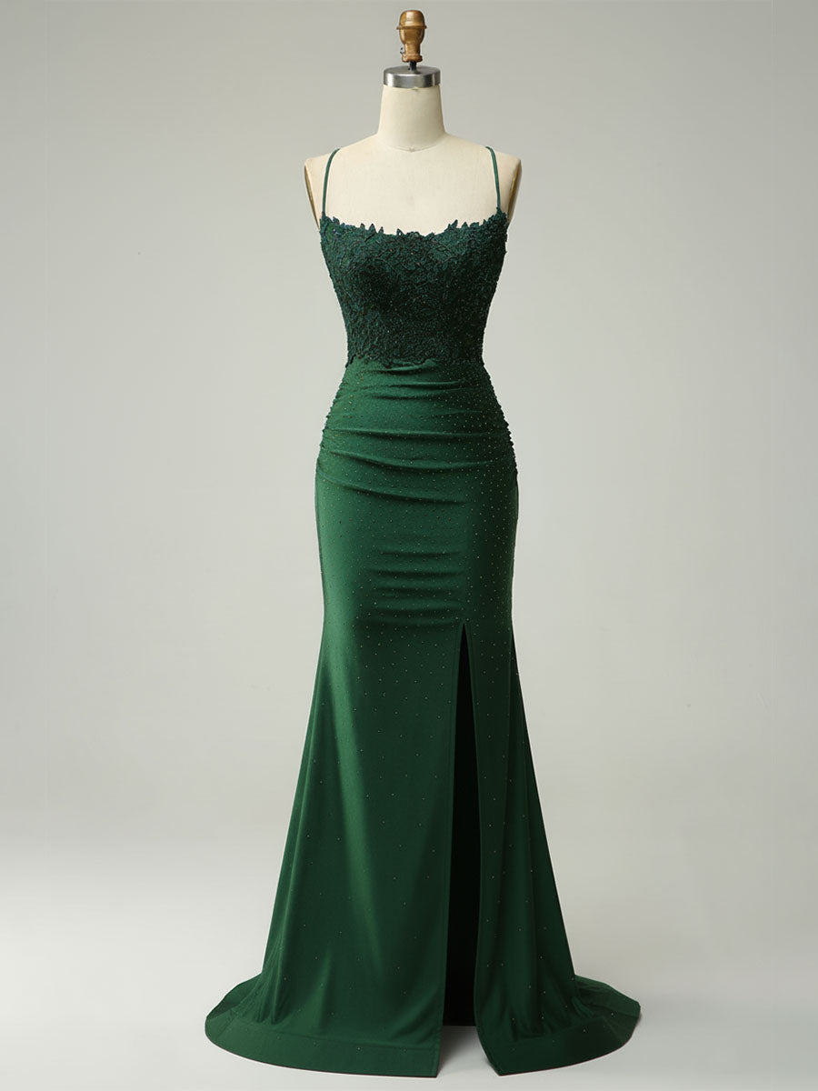 Mermaid Halter Beaded Long Prom Dress with Appliques and Slit
