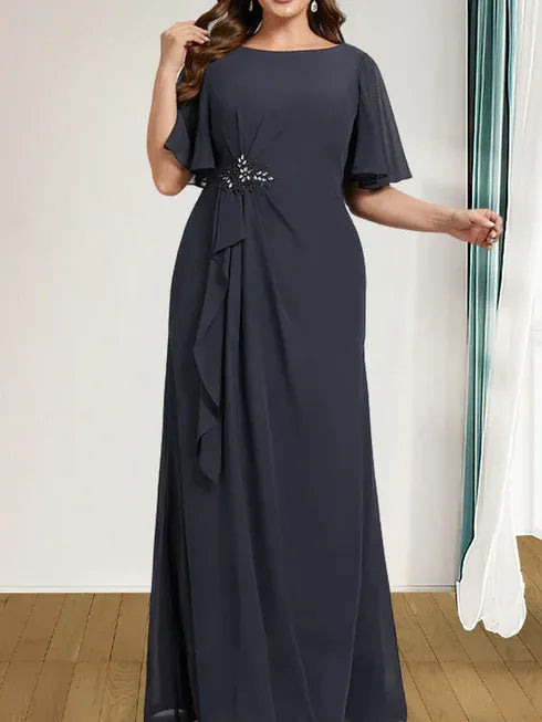 A-line Scoop Floor-Length Chiffon Mother of the Bride Dress With Cascading Ruffles Beading Sequins
