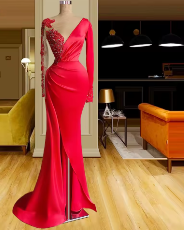 Long Red Satin Evening Dresses Sheer Neckline Long Sleeve Beaded African High Slit Women Formal Prom Dress S24678 - View 4 | VelvetHem