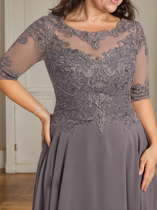 A-line Boat Neck Illusion Asymmetrical Chiffon Lace Mother of the Bride Dress With Sequins Beading