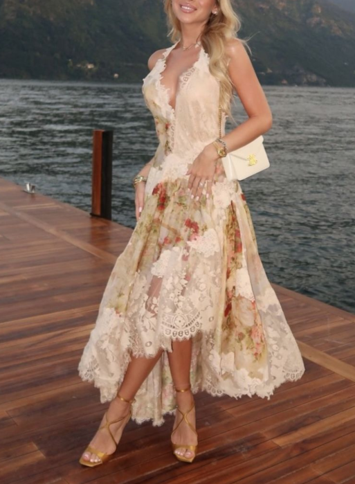 Vintage Halter V-Neck Chiffon Print Floral Lace Prom Dress Mermaid Long Party Dress - View 2 | FashionDia