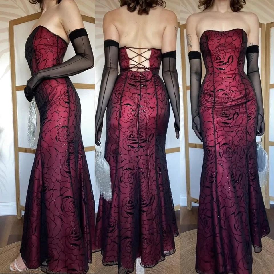 Retro Strapless Burgundy Mermaid Long Party Dress Formal Birthday Prom Gown With Gloves - FashionDia