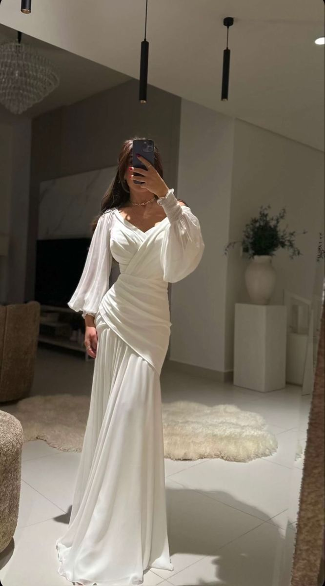 Pretty White Mermaid Ruched Party Prom Dress V Neck Long Evening Dress