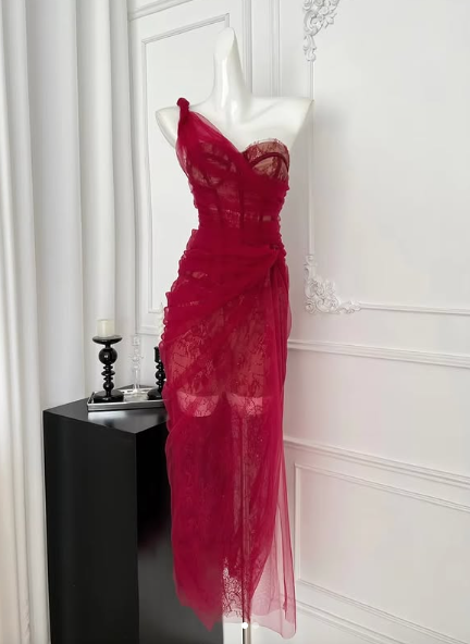 Pretty Burgundy Lace Tulle Prom Dress,One Shoulder Party Evening Dress