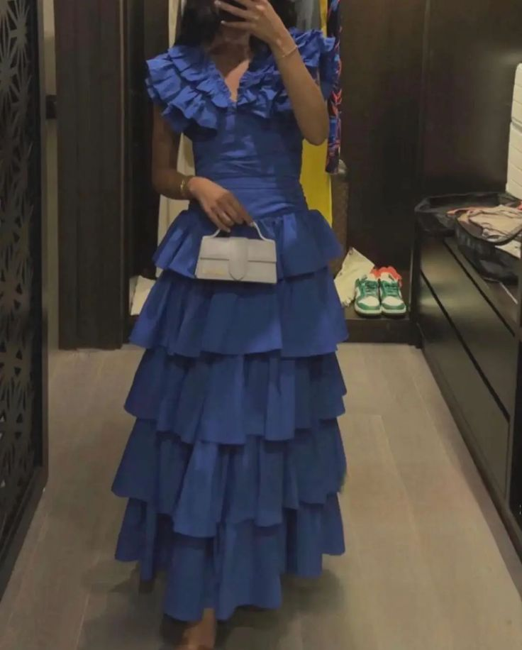 Elegant Blue Layered Party Dress A Line Prom Evening Gown