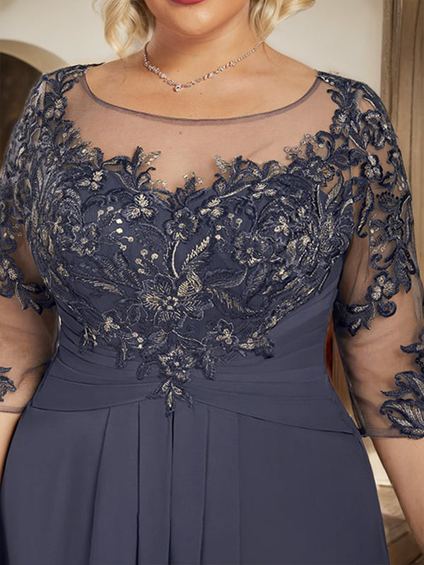A-line Scoop Illusion Floor-Length Lace Chiffon Mother of the Bride Dress With Cascading Ruffles