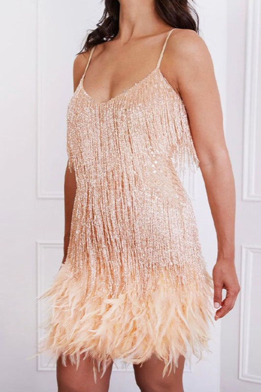 Fringe Feather Sequin Panel Party Mini Sequin Dress - View 8 | VelvetHem