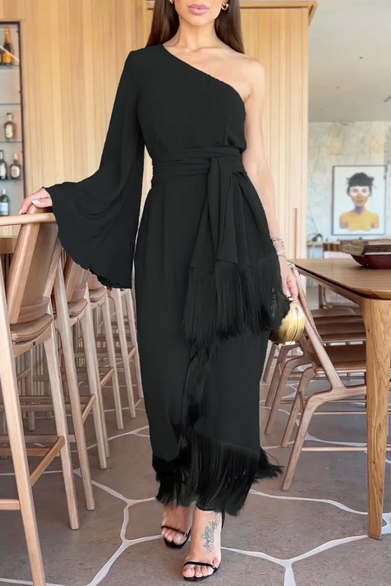 Celebrities Elegant Solid Tassel Flounce Oblique Collar Evening Dress Dresses - VelvetHem