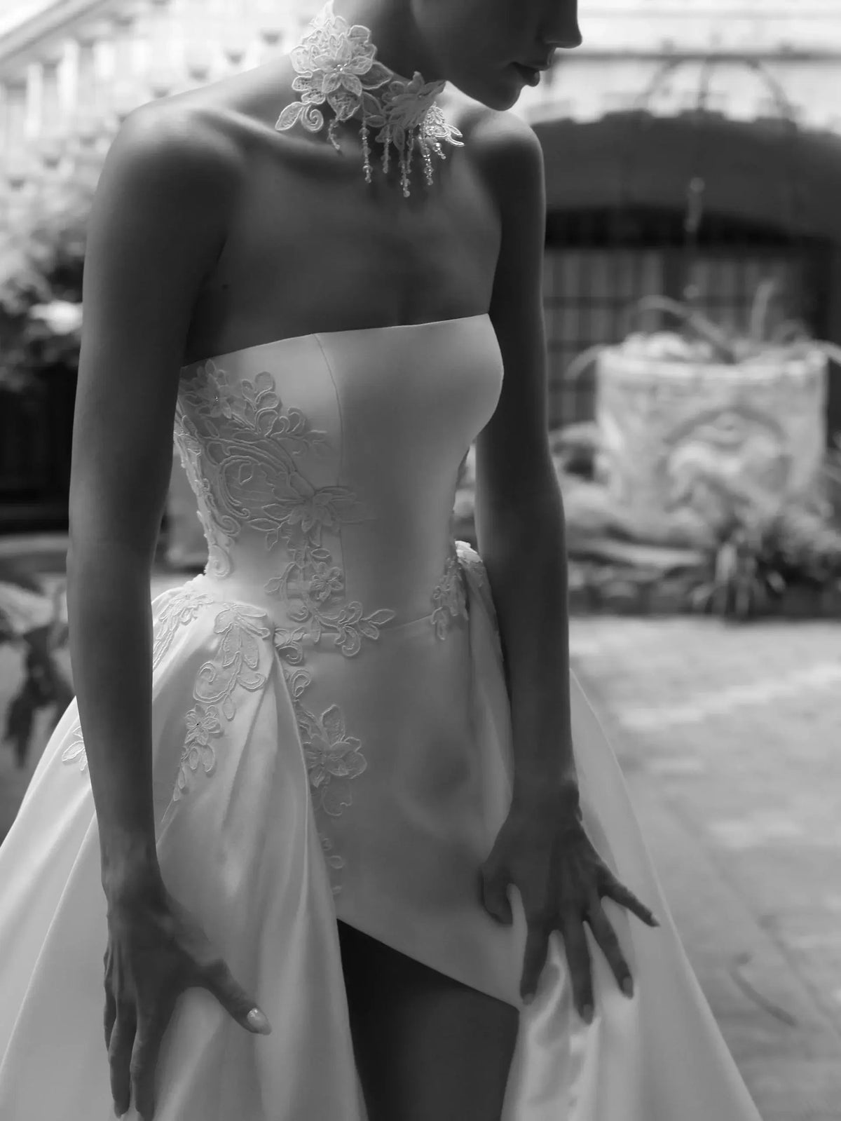 Luxury White Satin Strapless High Slit Ball Gown Wedding Dress with Choker ZP118