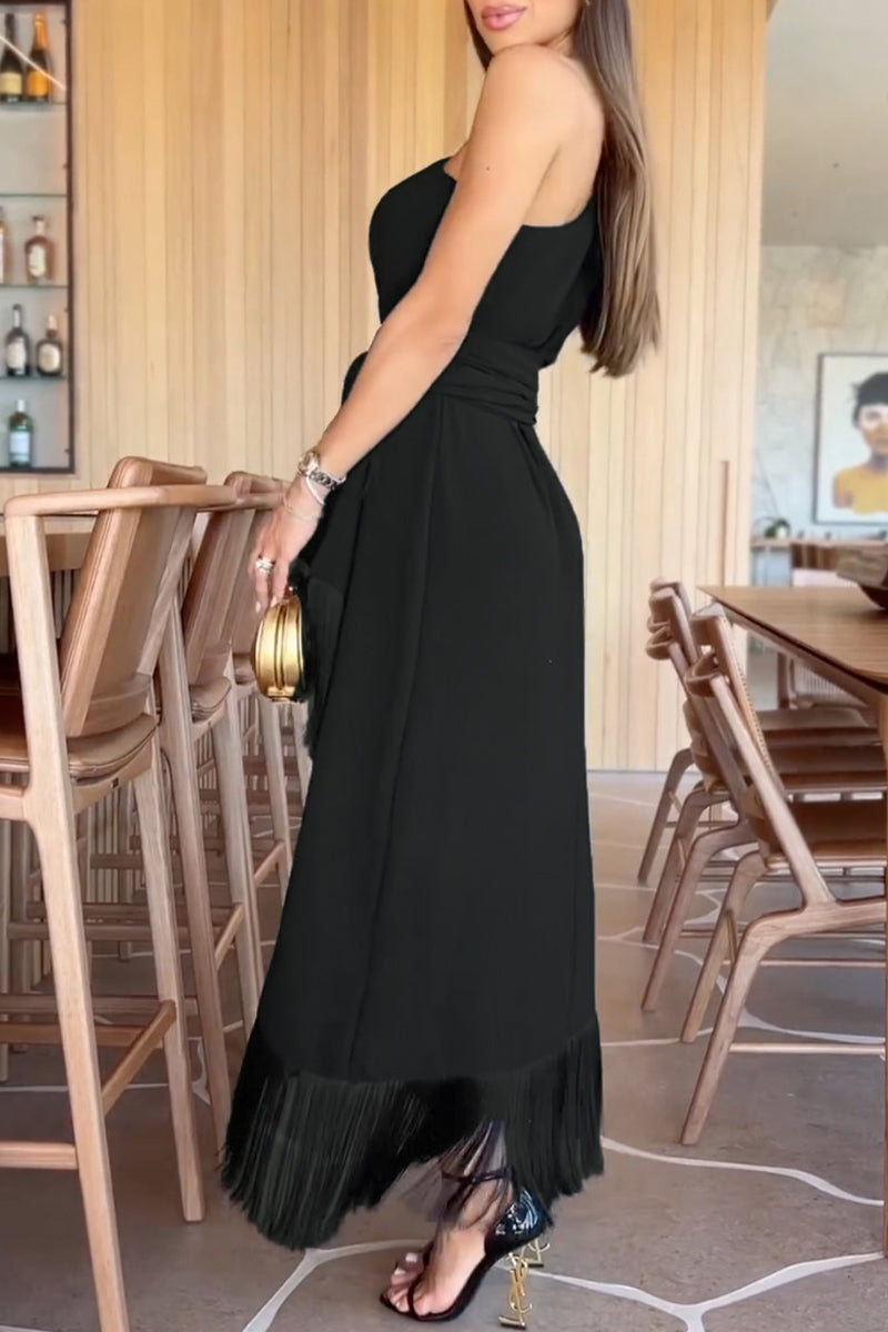 Celebrities Elegant Solid Tassel Flounce Oblique Collar Evening Dress Dresses - View 2 | VelvetHem