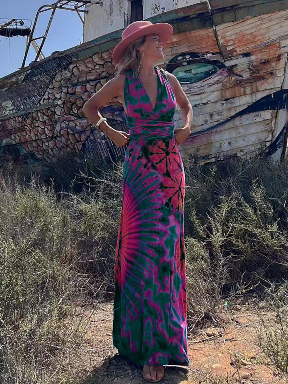 Tie dye Print V neck Cross Back Straps Stretch Maxi Dress