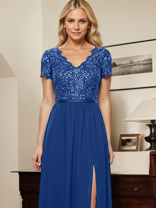 A-Line V-Neck Chiffon Appliques Sequins Mother Of The Bride Dress With Slit - View 2 | FashionDia