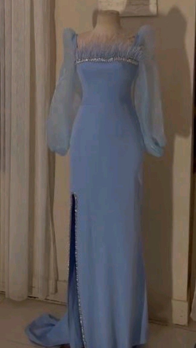 Elegant Blue Square Neck Sequins Feathers Party Evening Dress Long Slit Prom Dress